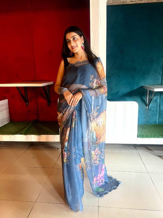 Butterfly Print Sky Blue Color Decent Saree