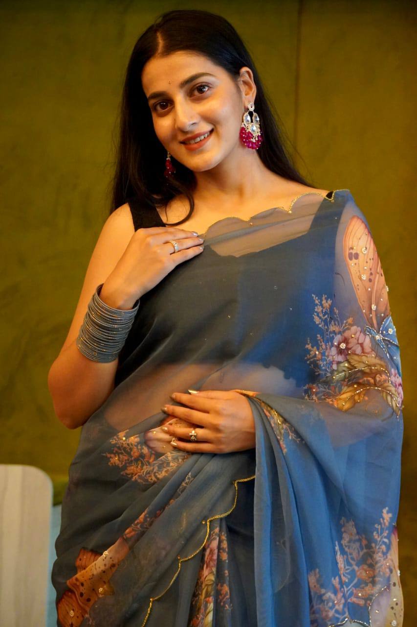 Butterfly Print Sky Blue Color Decent Saree