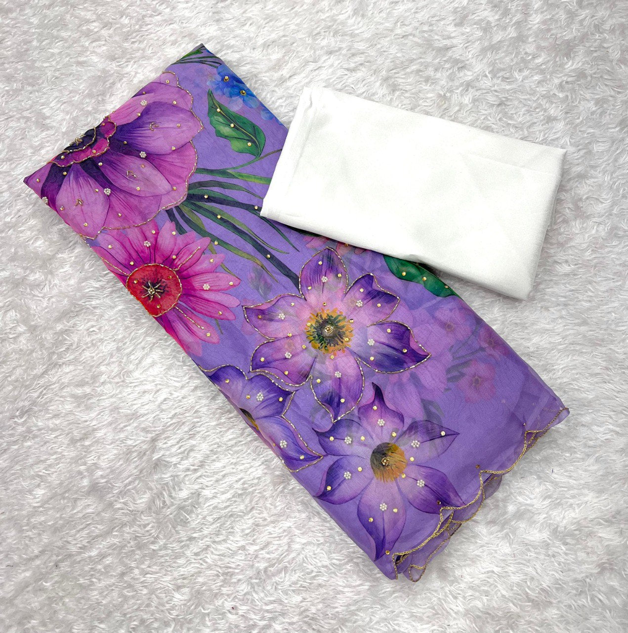 Delightful Multi Flower Print Lavender Color Saree