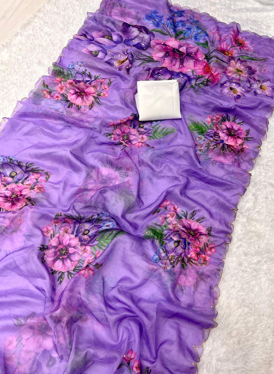 Delightful Multi Flower Print Lavender Color Saree