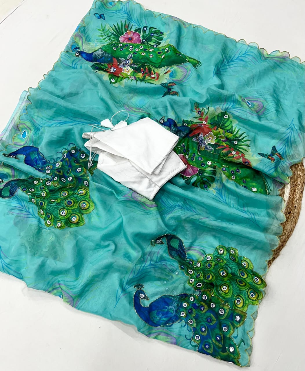Classic Peacock Print Blue Color Saree