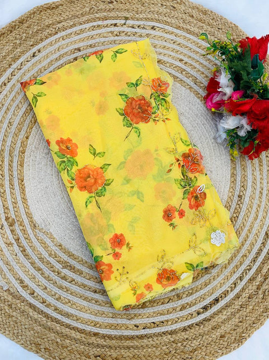 Attractive Flower Print Yellow Color Saree