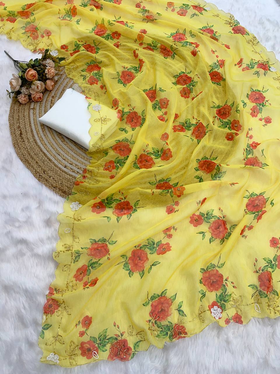 Attractive Flower Print Yellow Color Saree