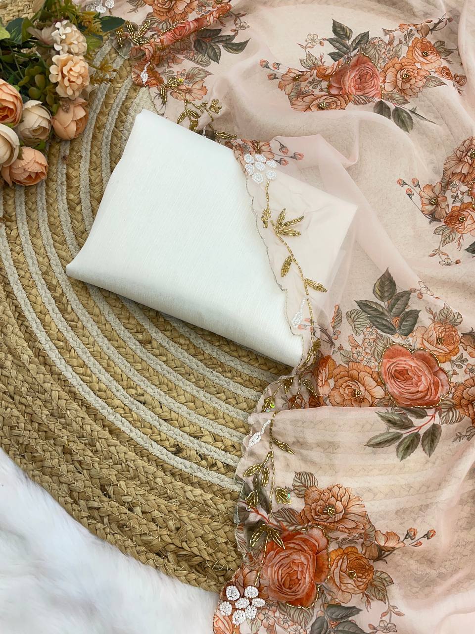 Attractive Flower Print Peach Color Saree