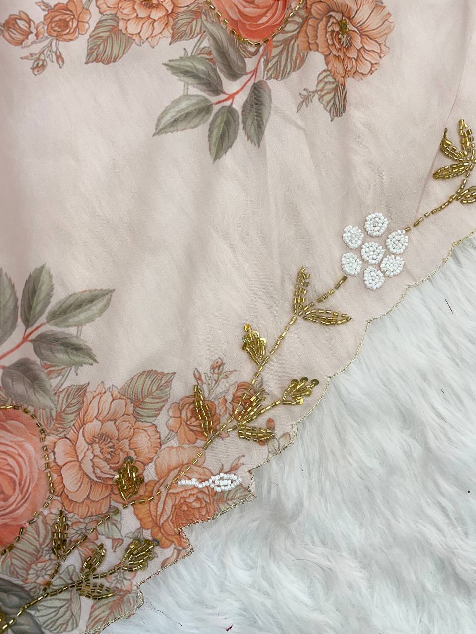 Attractive Flower Print Peach Color Saree