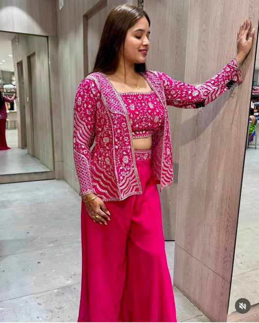 Designer Heavy Work Pink Color Palazzo Suit With Koti