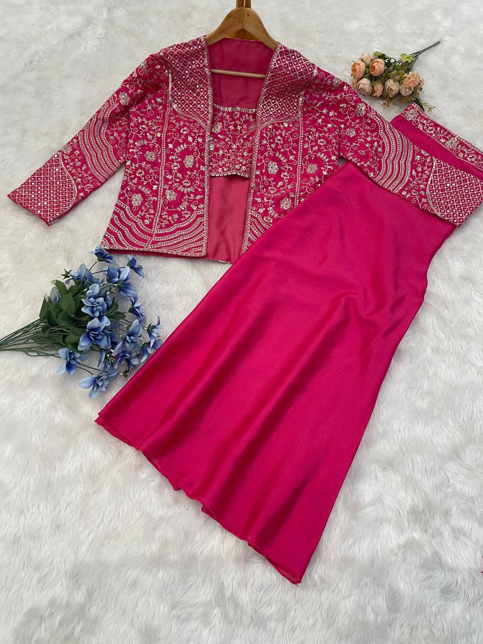 Designer Heavy Work Pink Color Palazzo Suit With Koti