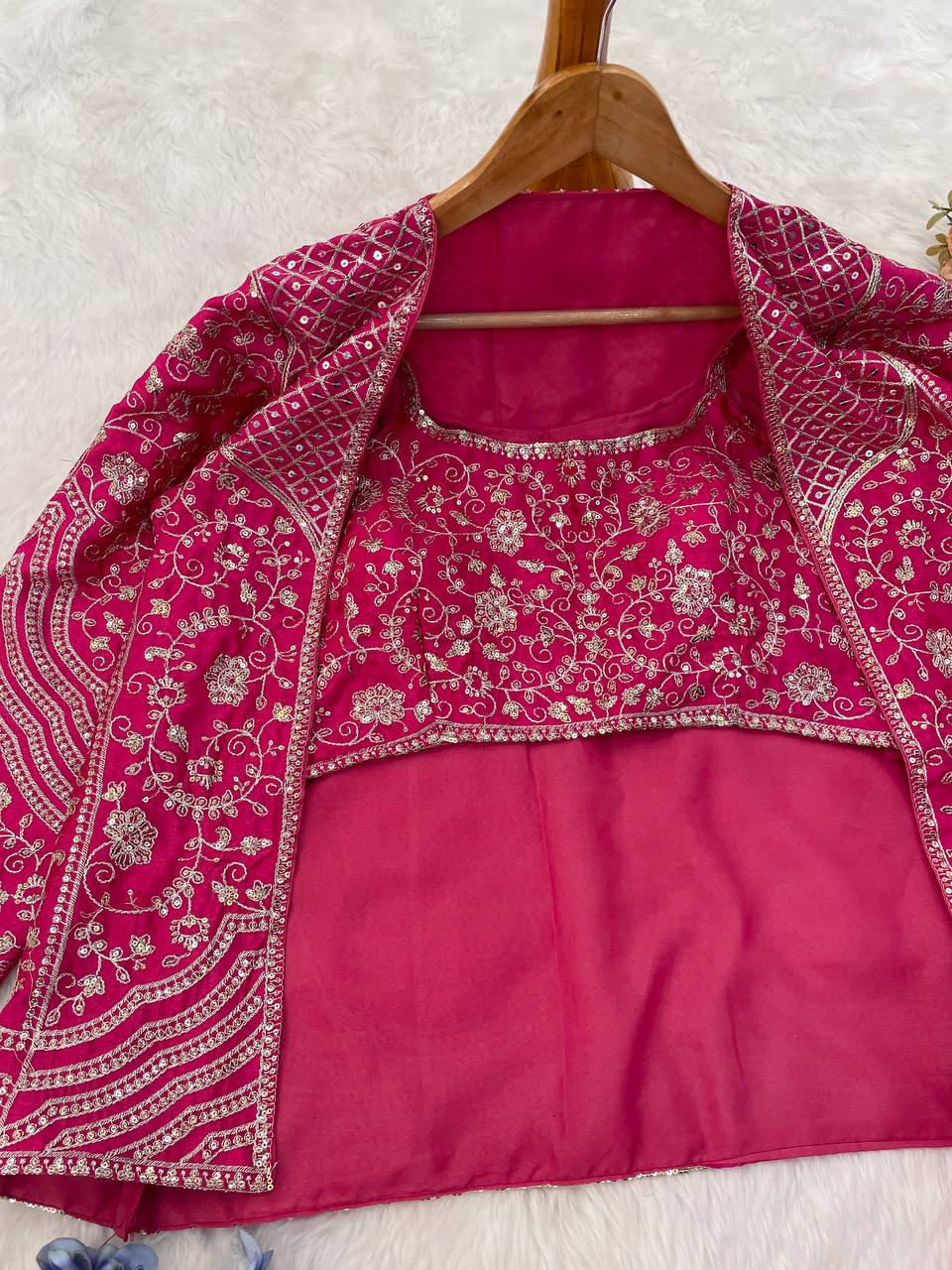 Designer Heavy Work Pink Color Palazzo Suit With Koti