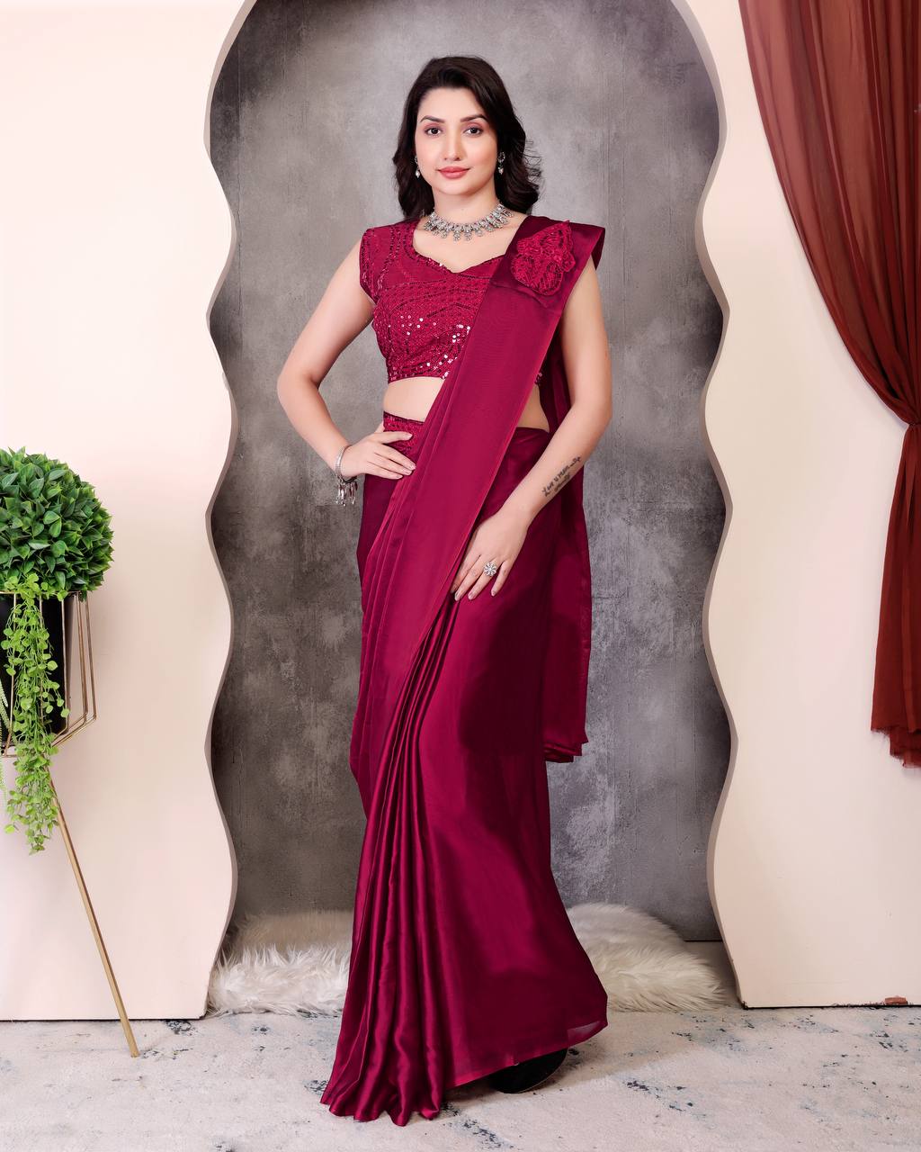 Adorable Marron Color Ready To Wear Saree