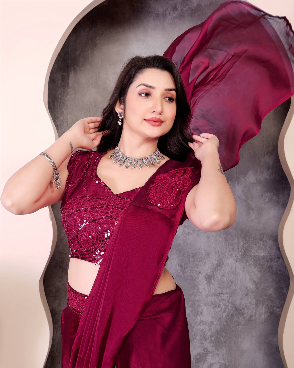 Adorable Marron Color Ready To Wear Saree