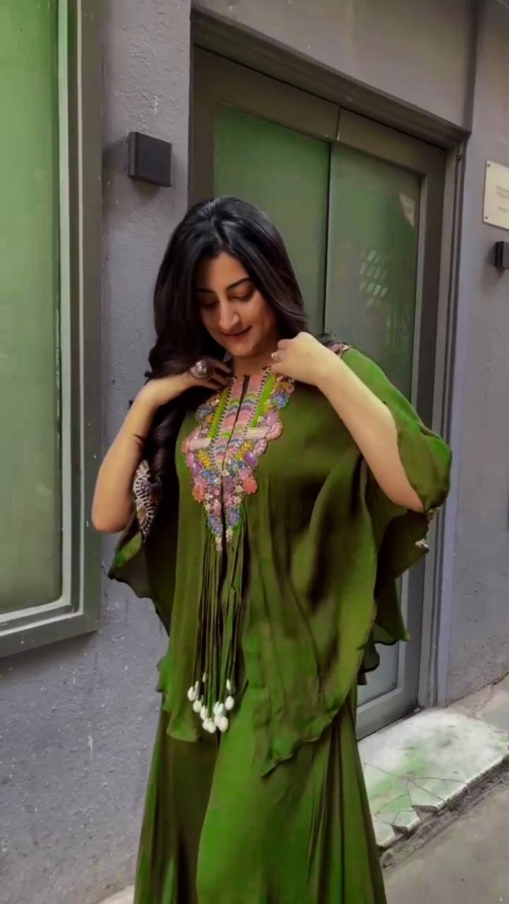 Demanding Embroidery Work Mehndi Color Top With Palazzo Suit