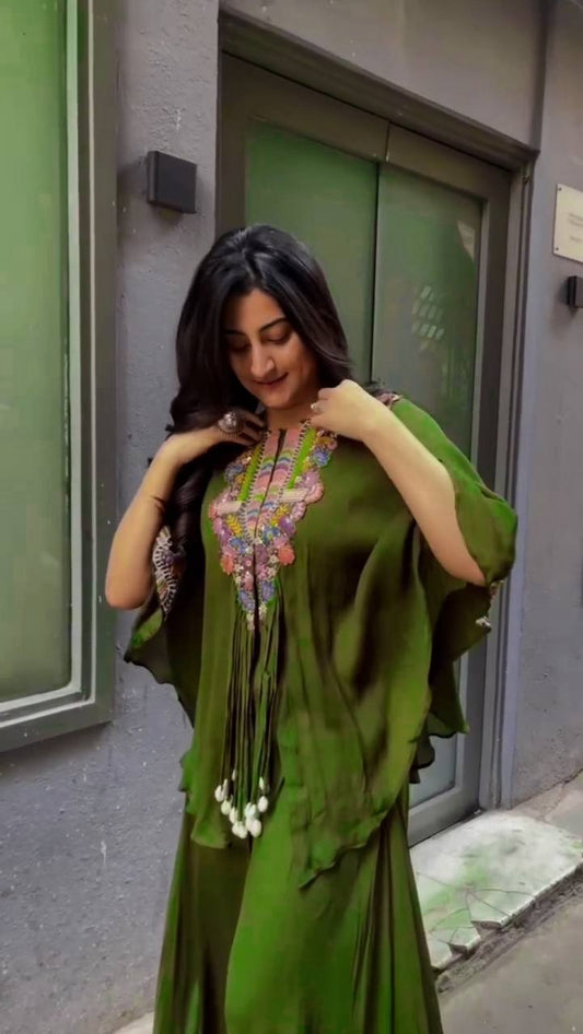 Demanding Embroidery Work Mehndi Color Top With Palazzo Suit