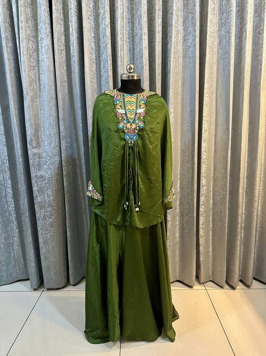 Demanding Embroidery Work Mehndi Color Top With Palazzo Suit
