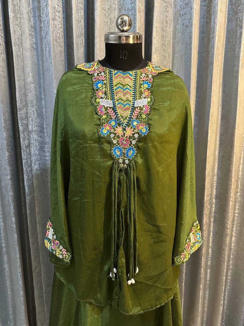 Demanding Embroidery Work Mehndi Color Top With Palazzo Suit