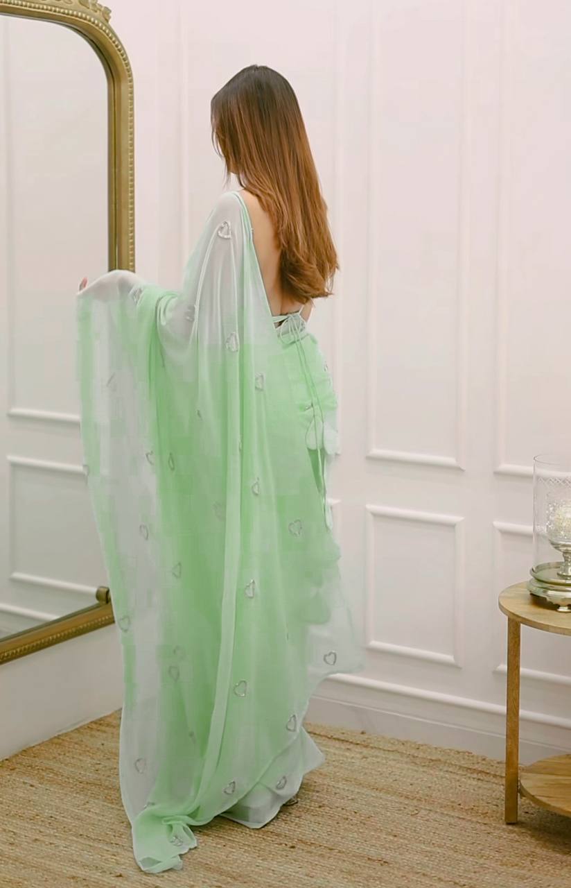 Hearts Shape Handwork Teal Green Color Unique Saree