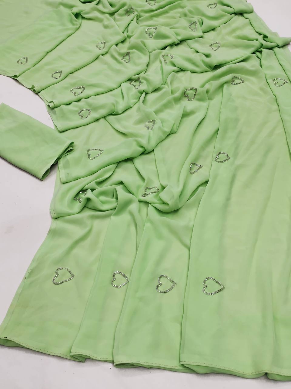 Hearts Shape Handwork Teal Green Color Unique Saree