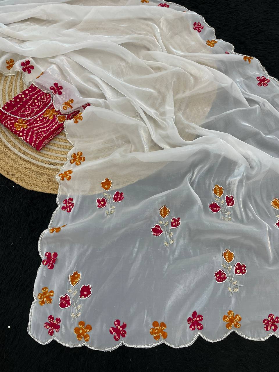 Flattering Flowers Work White Color Silk Saree