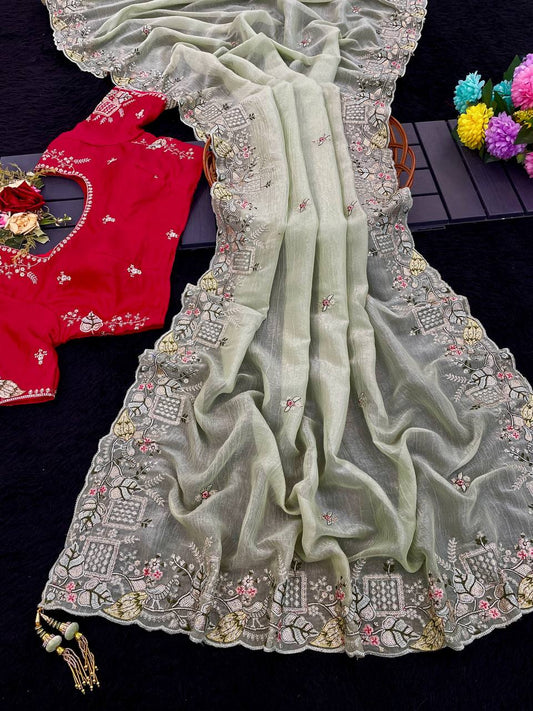 Glorious Embroidery Work Green Color Saree