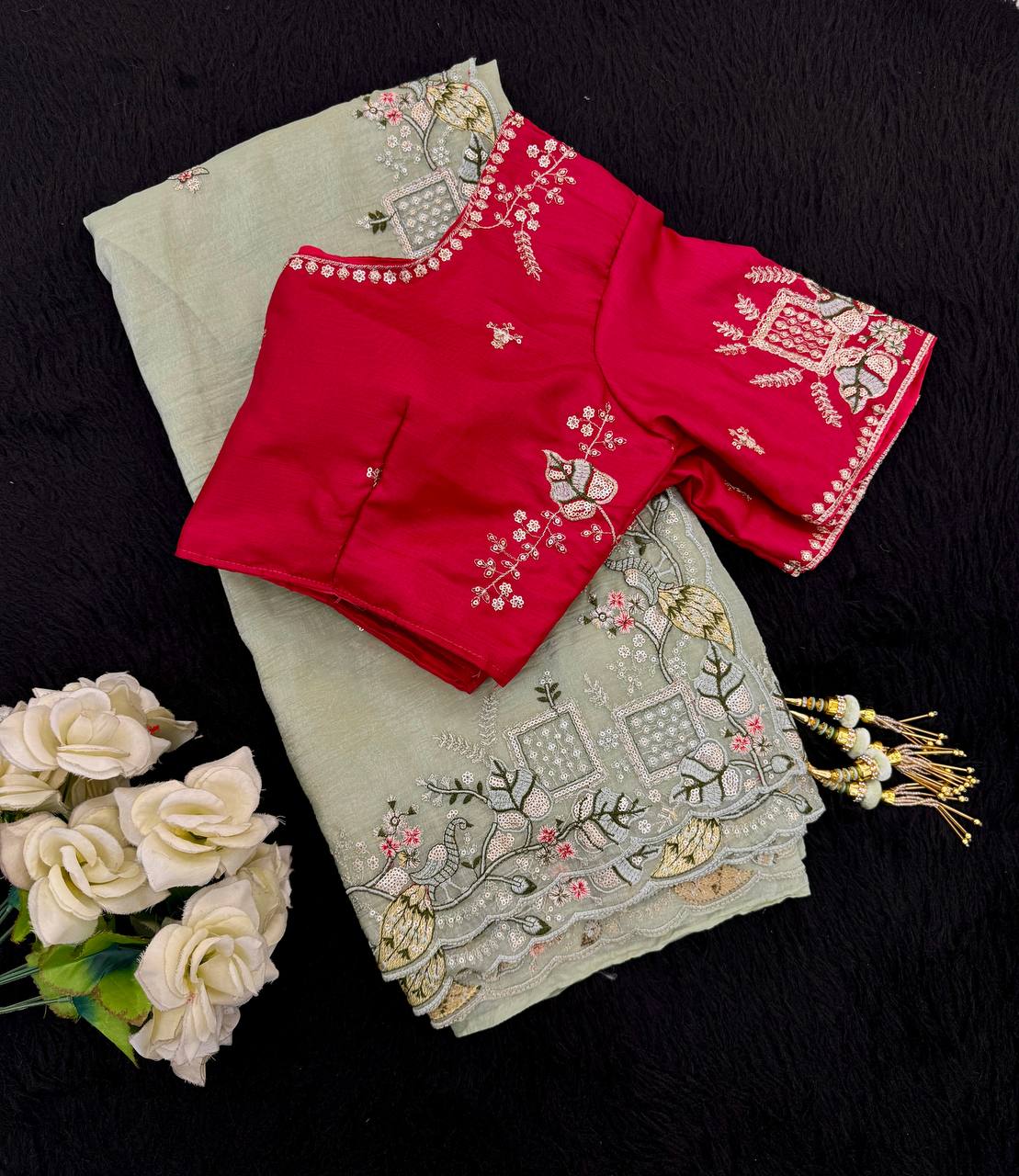 Glorious Embroidery Work Green Color Saree