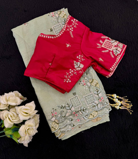 Glorious Embroidery Work Green Color Saree