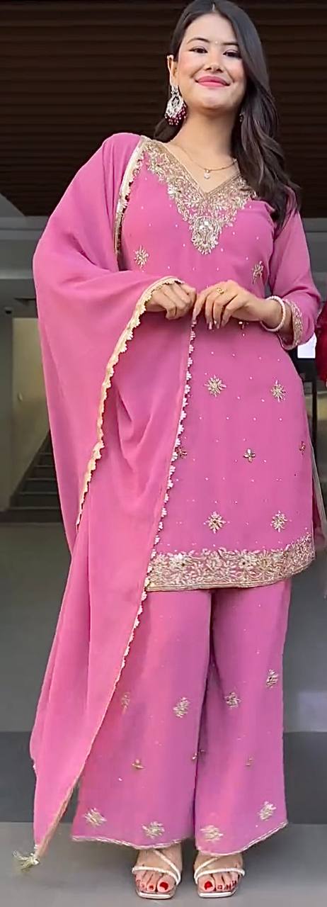 Adorable Sequence Work Pink Color Palazzo Suit