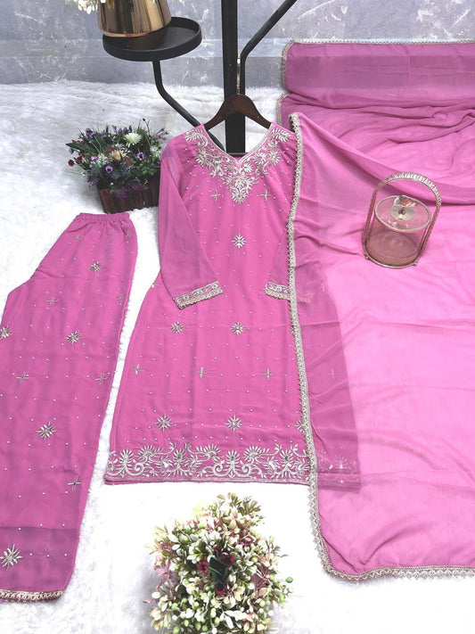 Adorable Sequence Work Pink Color Palazzo Suit