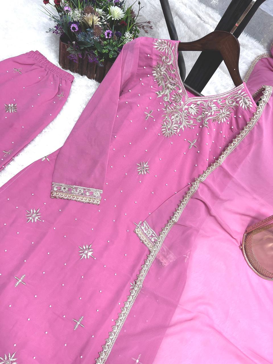 Adorable Sequence Work Pink Color Palazzo Suit
