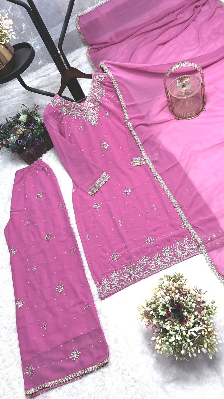 Adorable Sequence Work Pink Color Palazzo Suit