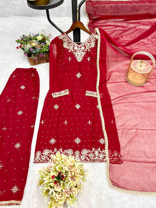 Adorable Sequence Work Red Color Palazzo Suit