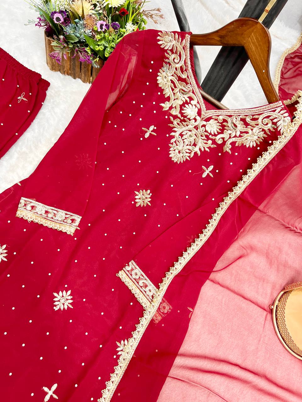 Adorable Sequence Work Red Color Palazzo Suit