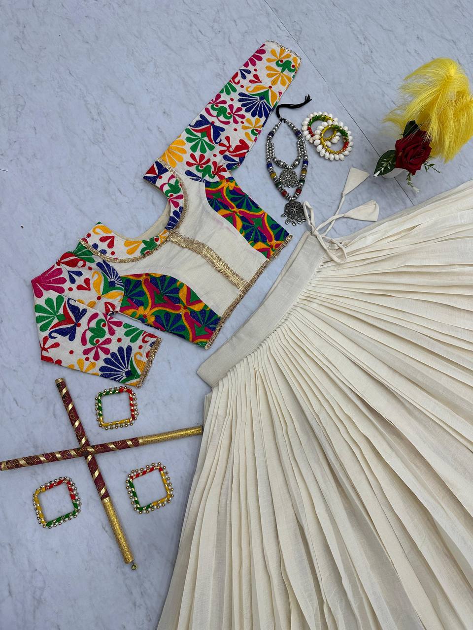 Navratri Special Embroidery Work Off White Color Lehenga Choli