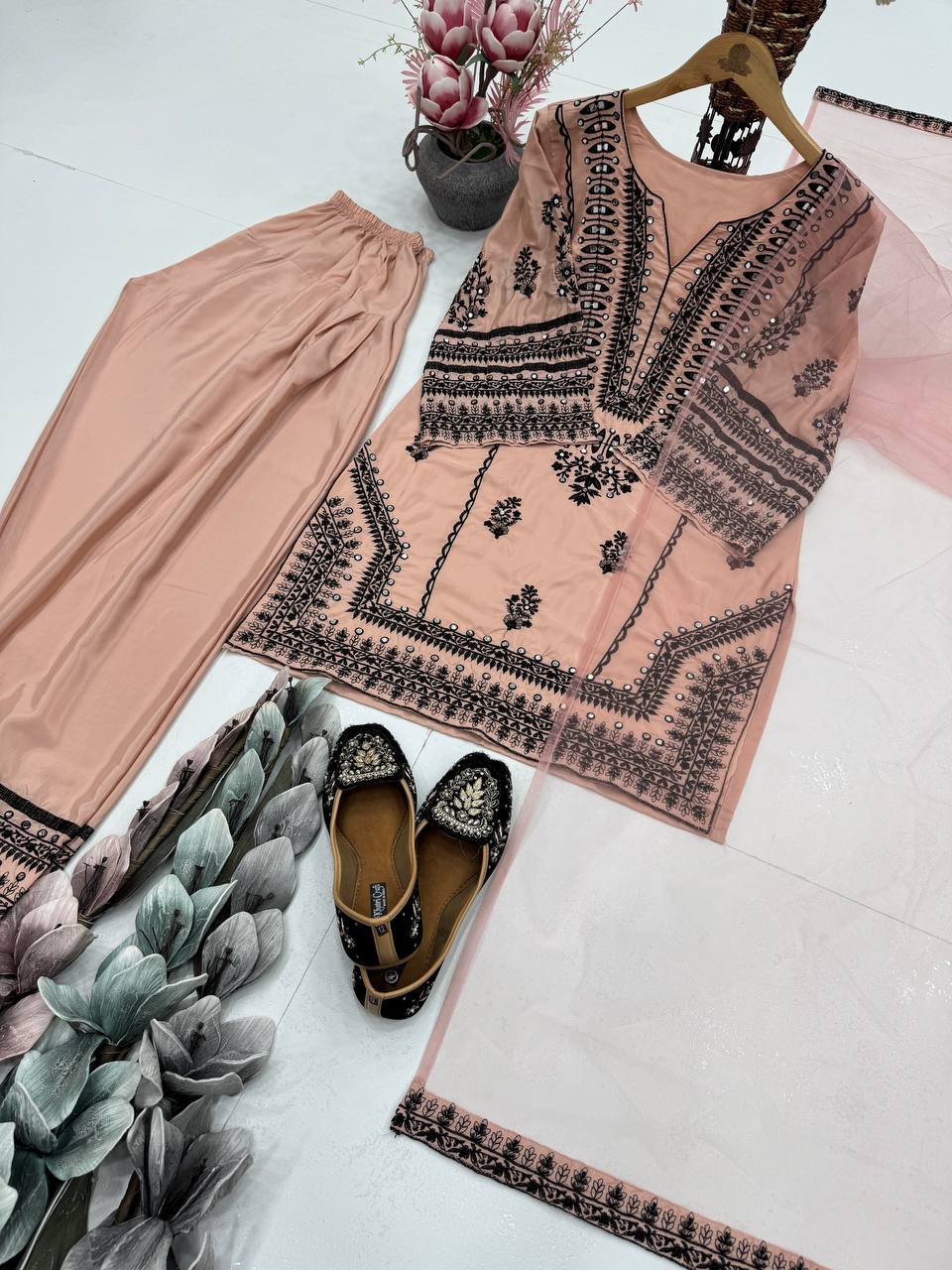 Stunning Embroidery Work Peach Color Palazzo Suit