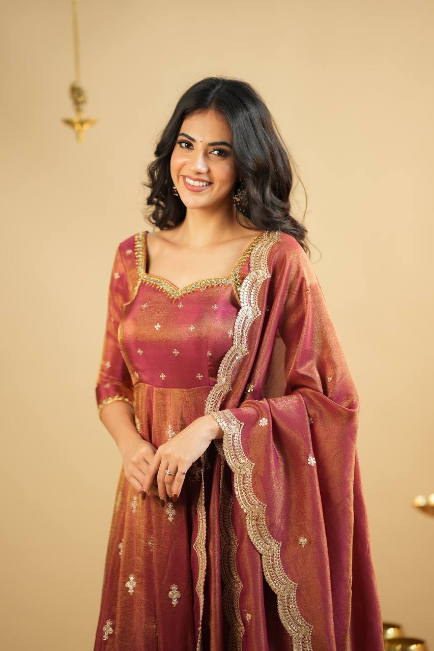 Full Heavy Work Orange Color Gown With Dupatta