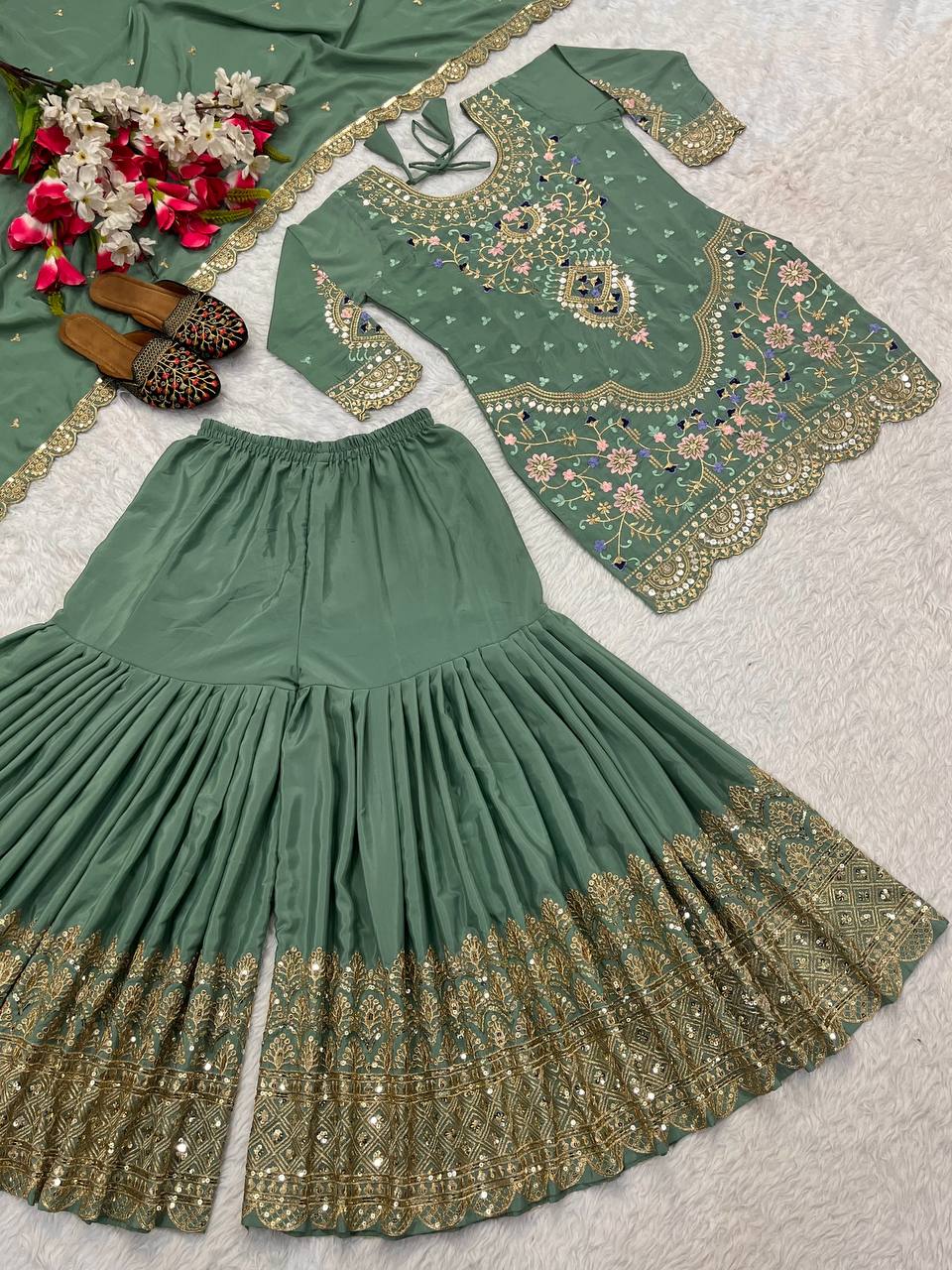 Fabulous Heavy Work Teal Green Color Sharara Suit