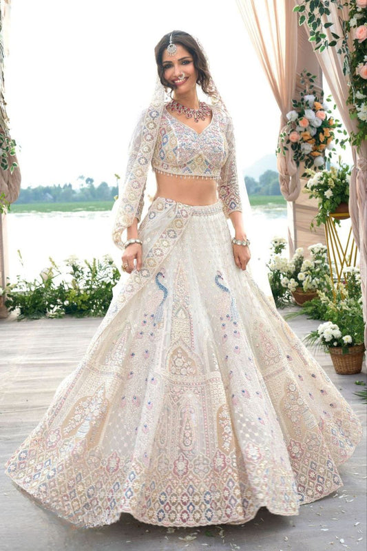 Bridal Wear Peacock Print White Color Lehenga Choli