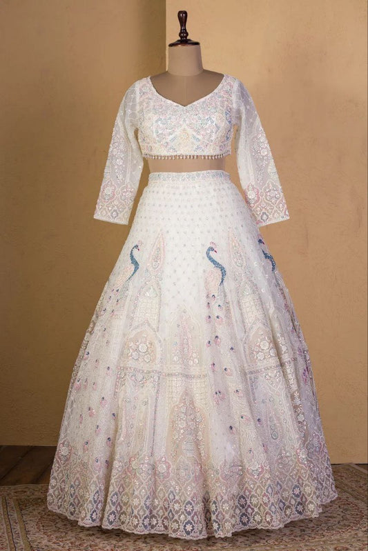 Bridal Wear Peacock Print White Color Lehenga Choli