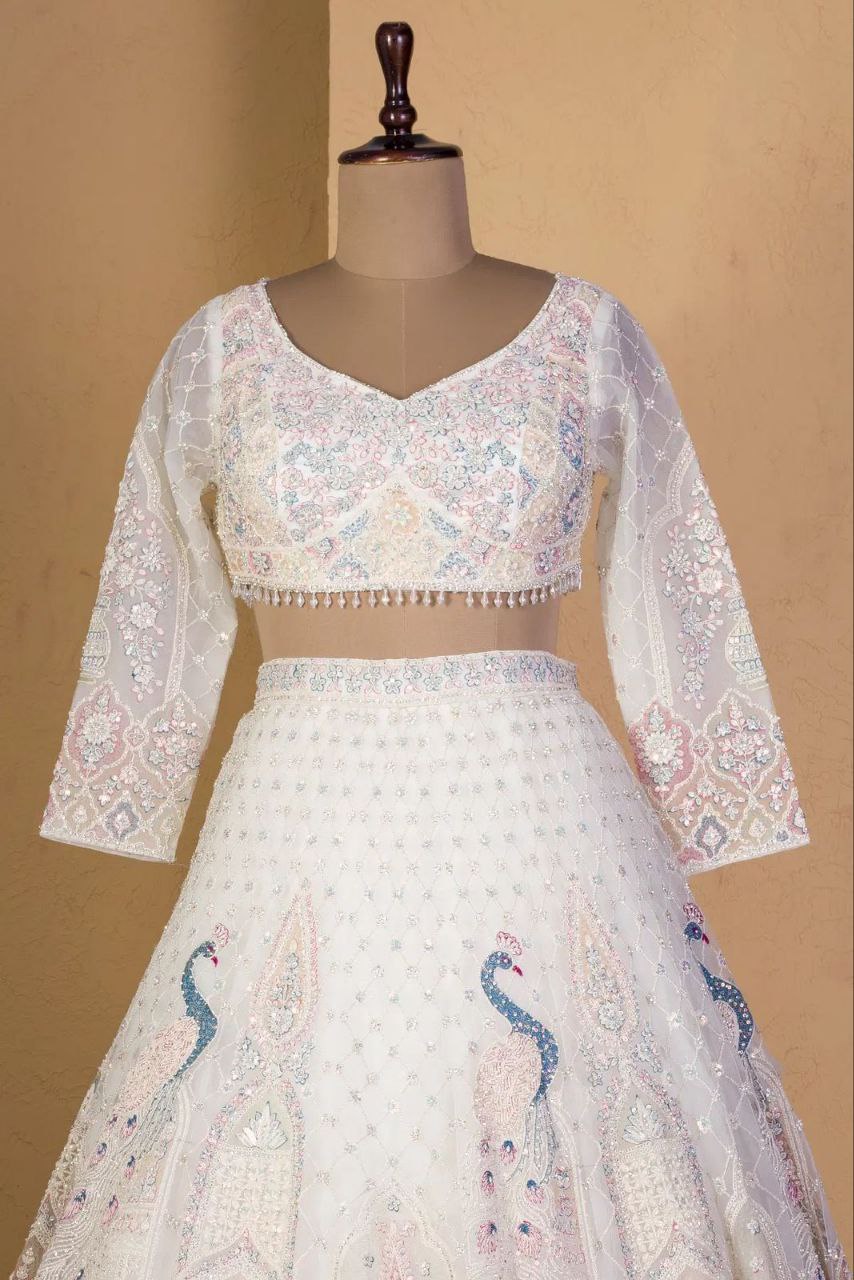 Bridal Wear Peacock Print White Color Lehenga Choli