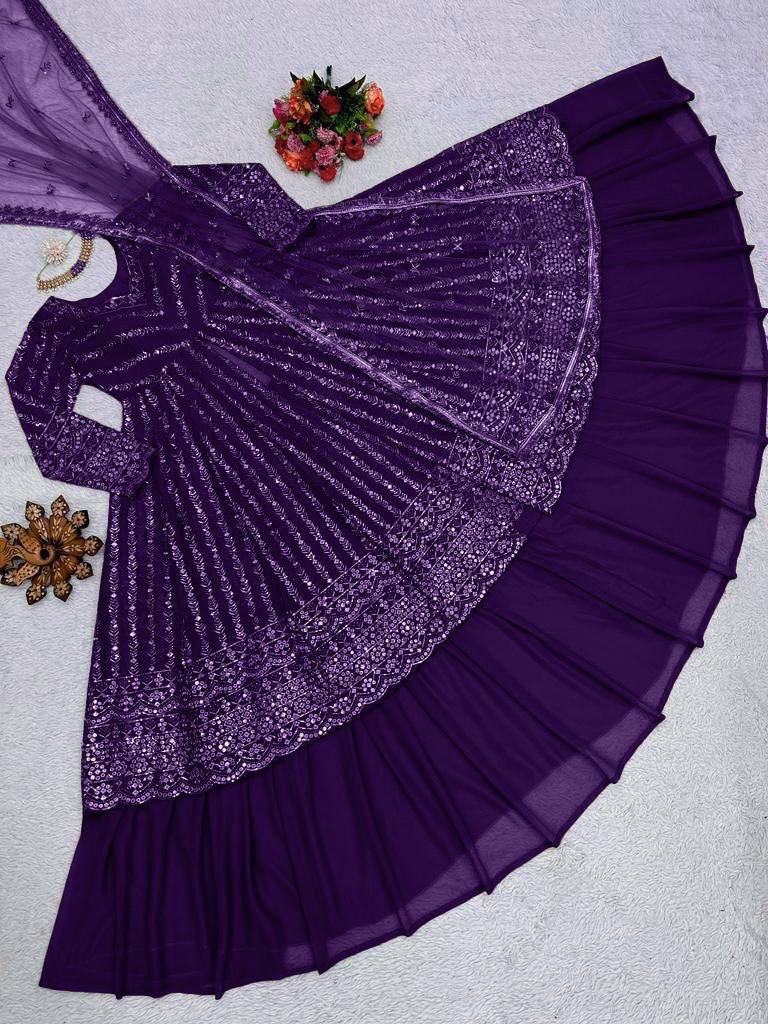 Delightful Sequence Thread Work Purple Top With Lehenga