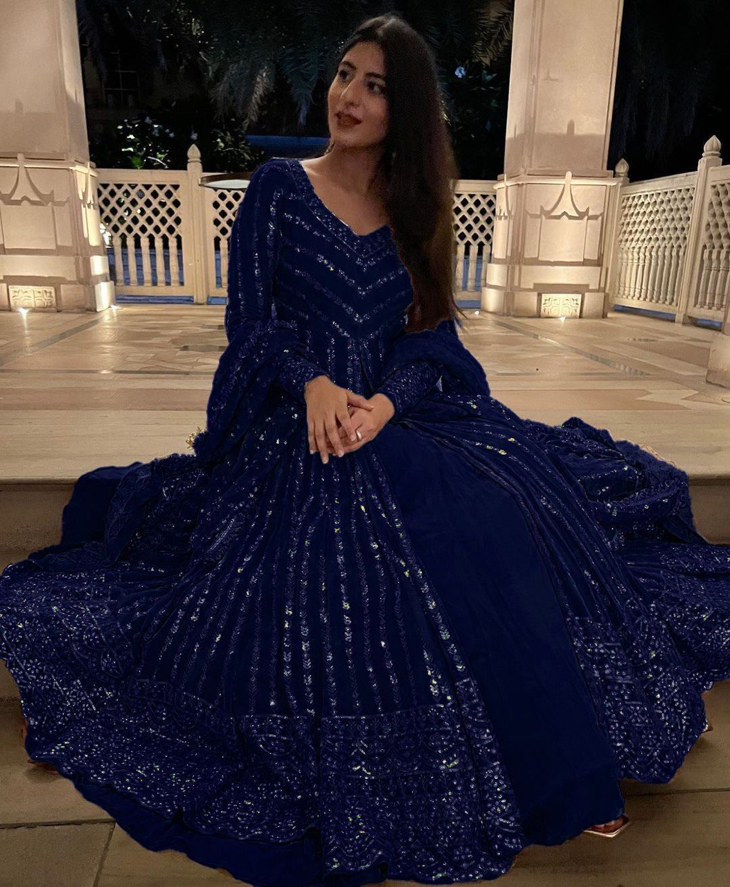 Delightful Sequence Thread Work Navy Blue Top With Lehenga