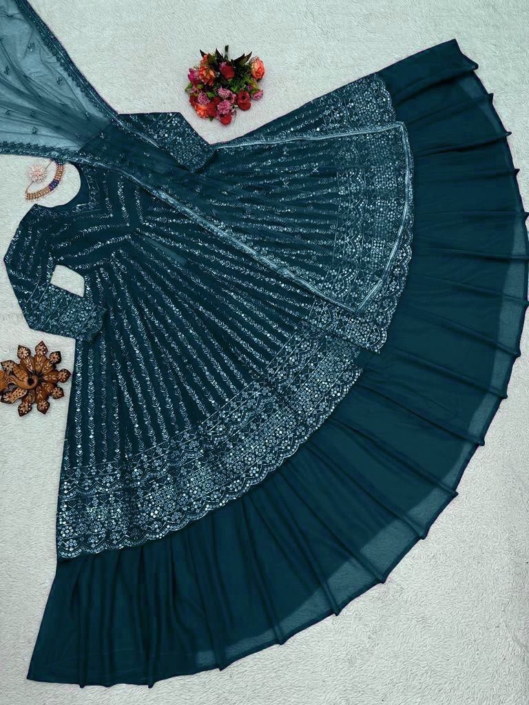 Delightful Sequence Thread Work Teal Blue Top With Lehenga