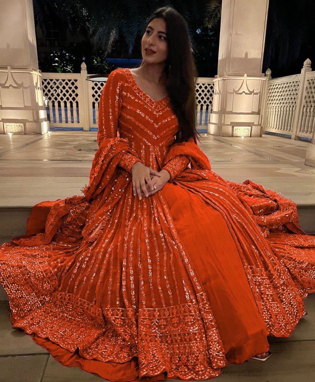 Delightful Sequence Thread Work Orange Top With Lehenga