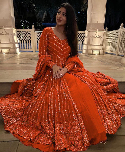 Delightful Sequence Thread Work Orange Top With Lehenga