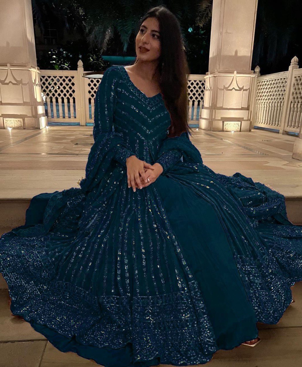 Delightful Sequence Thread Work Teal Blue Top With Lehenga