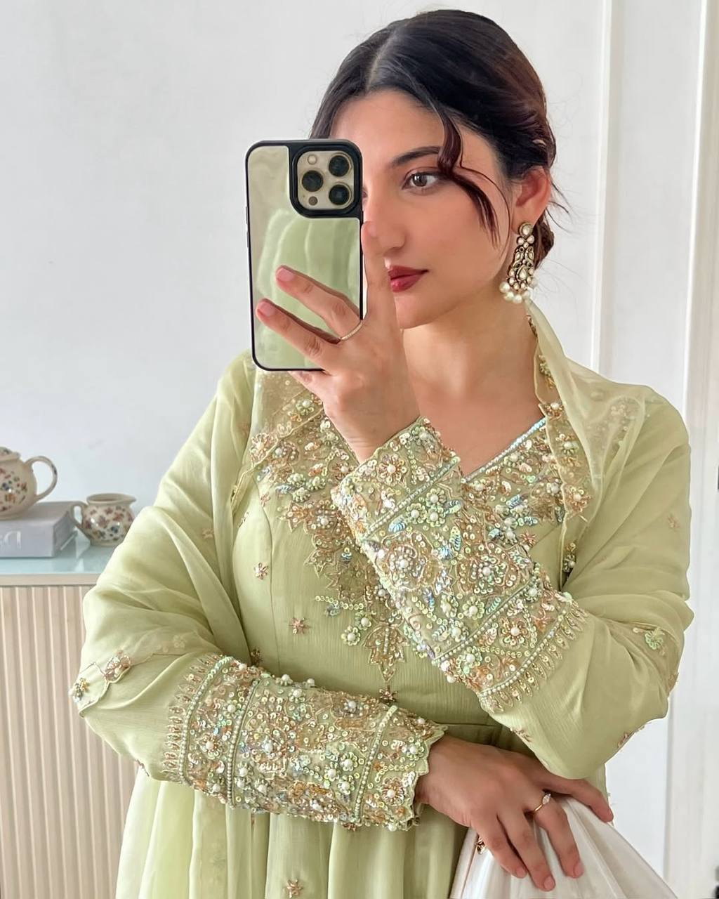 Gorgeous Sequence Work Pista Color Long Sleeve Gown