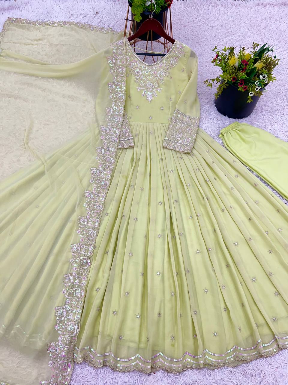 Gorgeous Sequence Work Pista Color Long Sleeve Gown