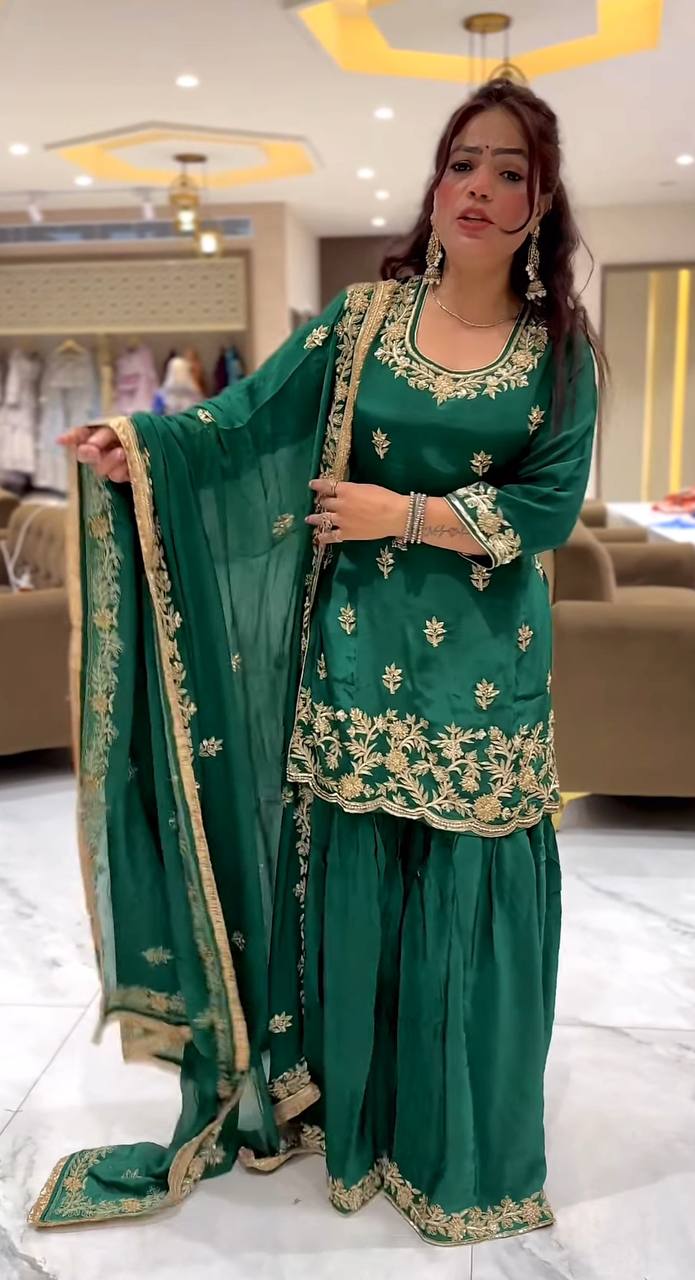 Delightful Embroidery Work Green Color Sharara Suit