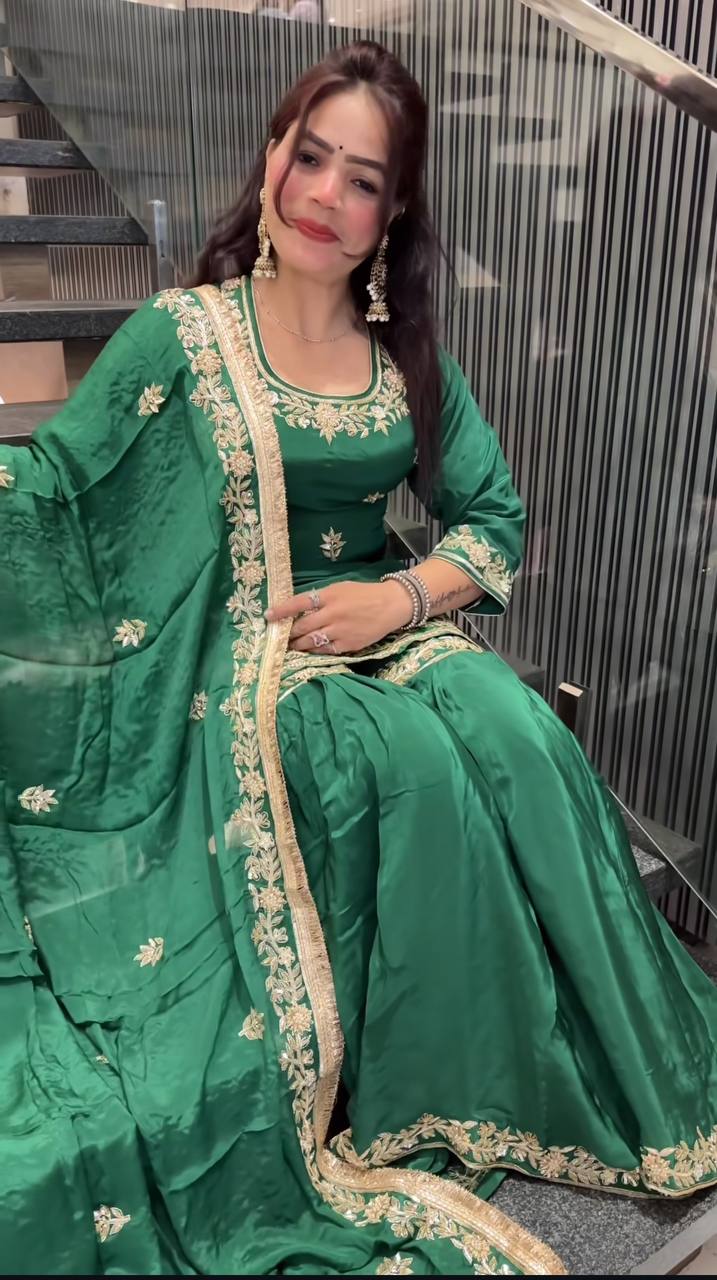 Delightful Embroidery Work Green Color Sharara Suit