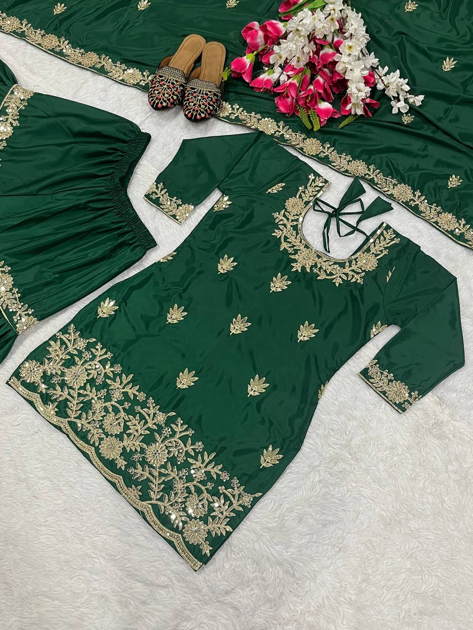 Delightful Embroidery Work Green Color Sharara Suit