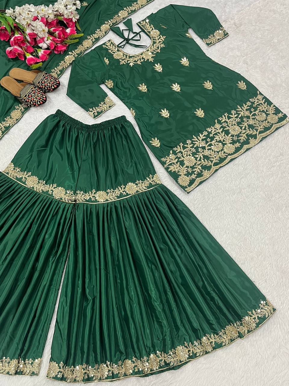 Delightful Embroidery Work Green Color Sharara Suit