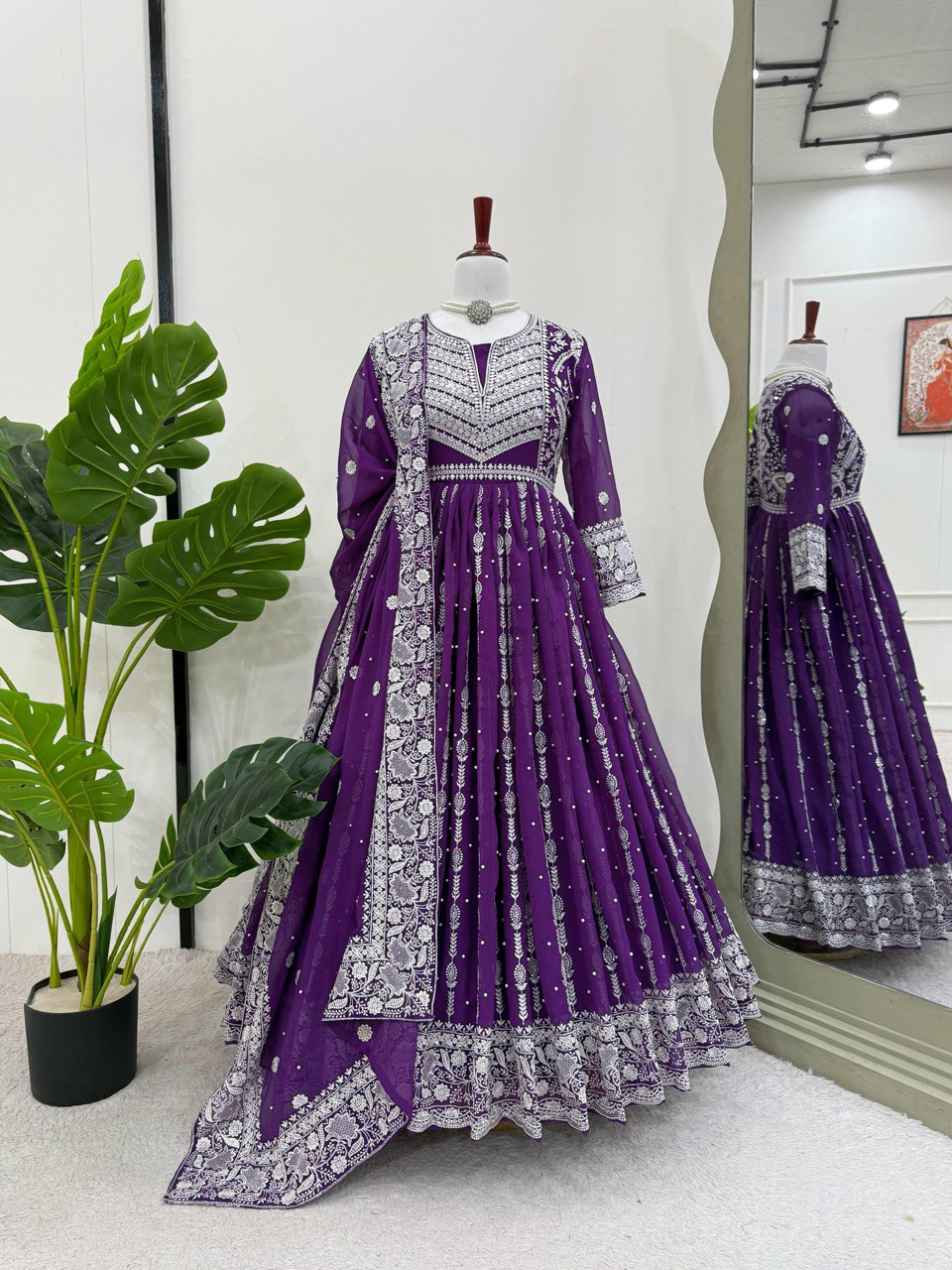 Traditional Wear Sequence Work Purple Color Gown With Dupatta